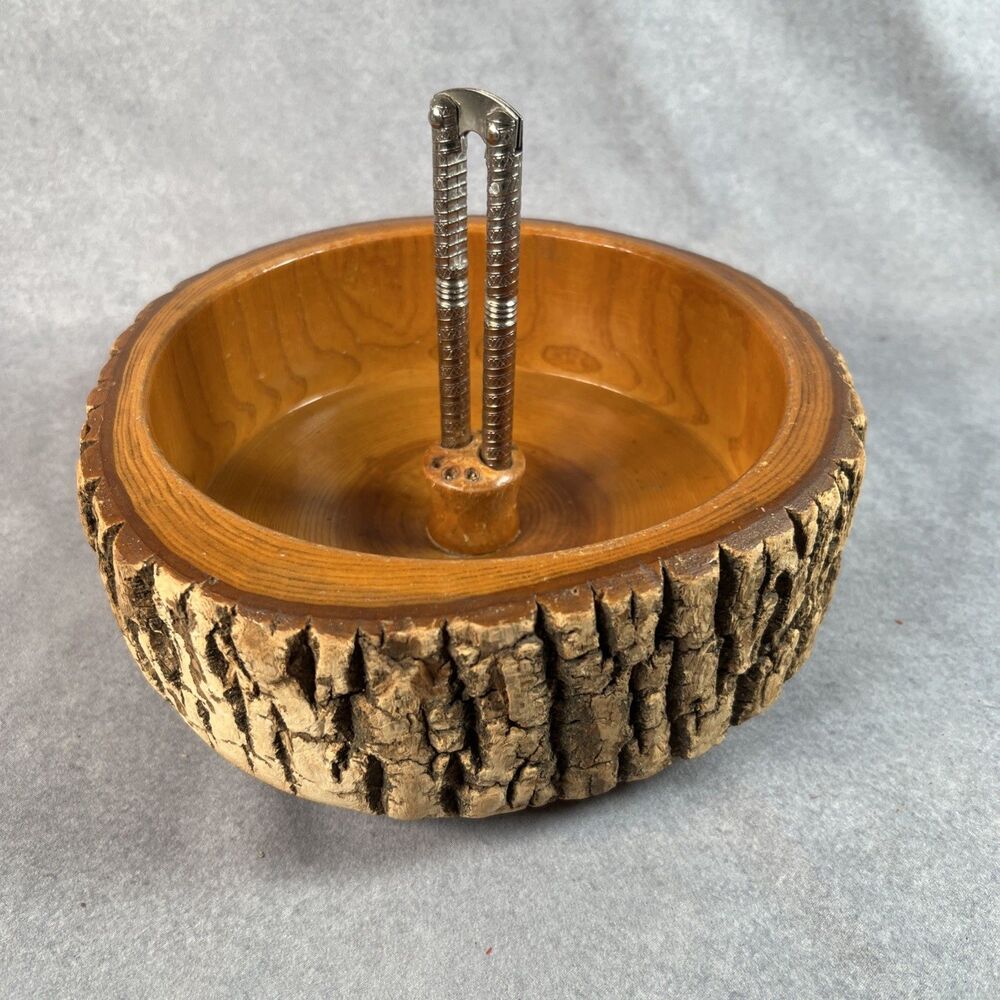 Vintage Nut Bowl Rustic Edge Tree Bark Set with 1 Nutcracker & 2 Picks